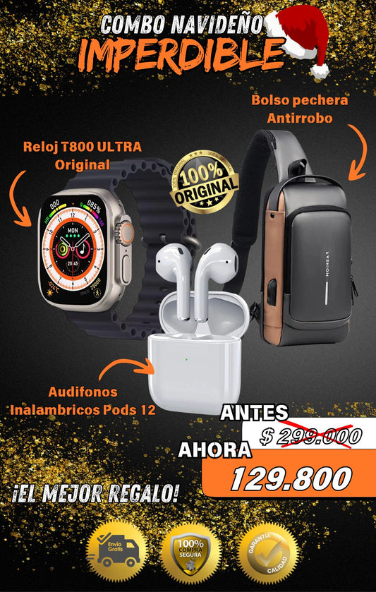 Combo - Reloj T800 Ultra + Bolso Antirrobo + Auriculares inalámbricos InPods 12